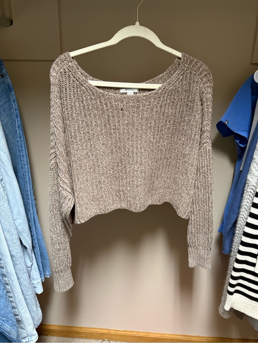 American Eagle Outfitters Cropped Taupe Ribbed Knit Sweater